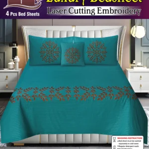 Home luxury laser cut embroidered king size bedsheet set – 4 piece premium bedding collection